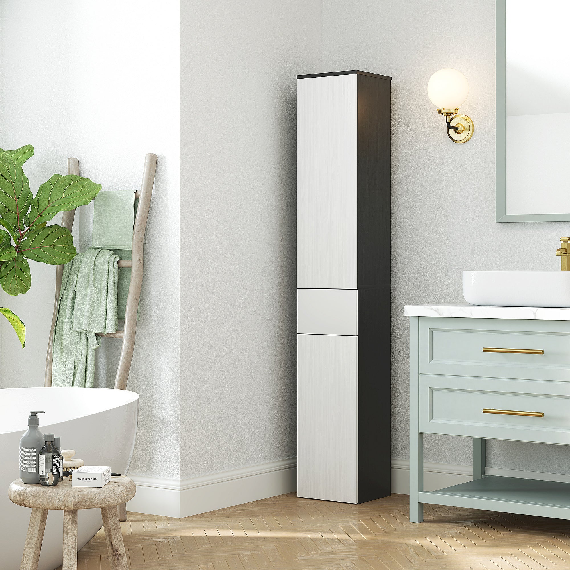 Space-saving Wooden Bathroom Column with 2 Cabinets and Drawer, 30x28x180 cm, Black