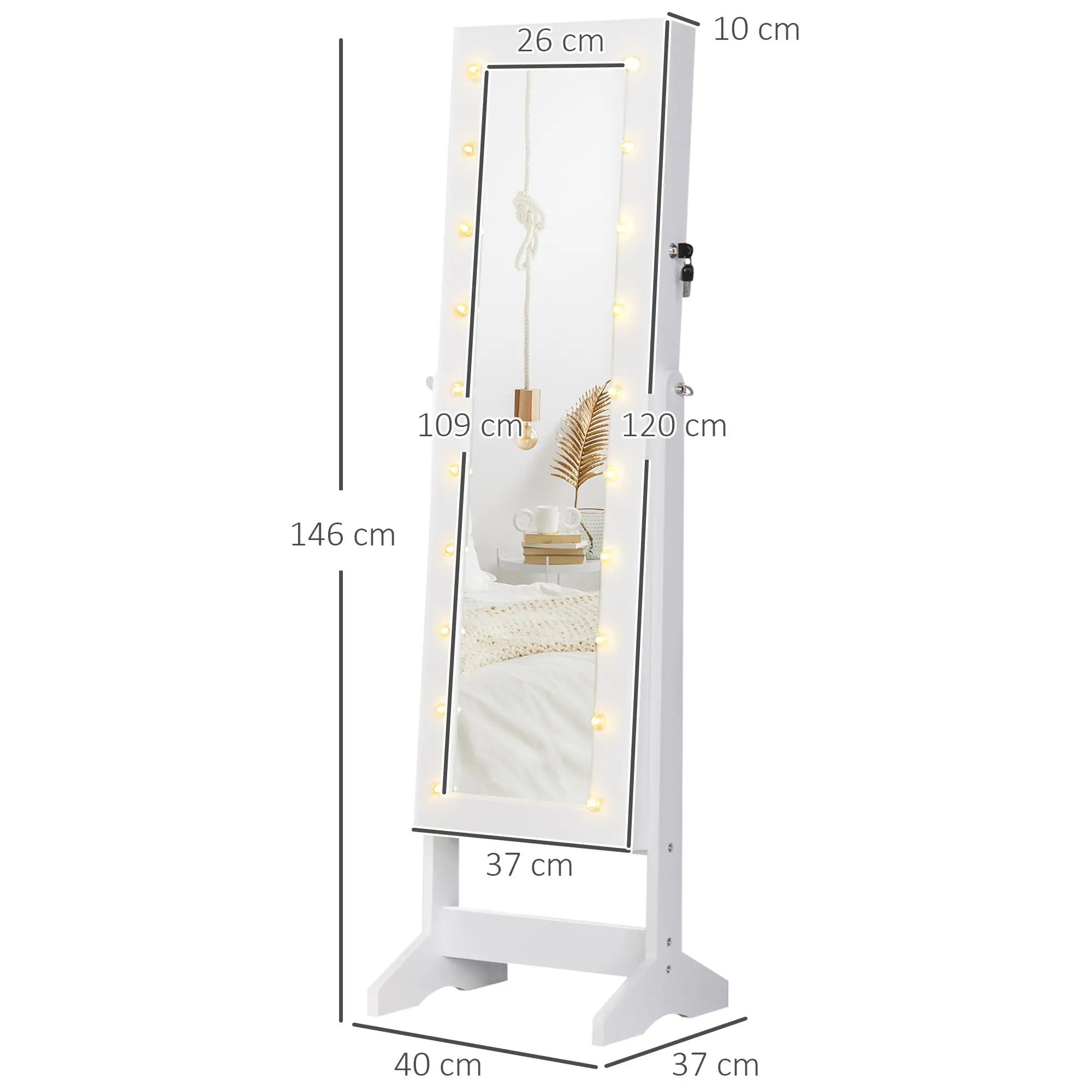 Jewellery Cabinet Adjustable Mirror Jewellery Box 20 LED Lights, Wood, White, 40x37x146 cm