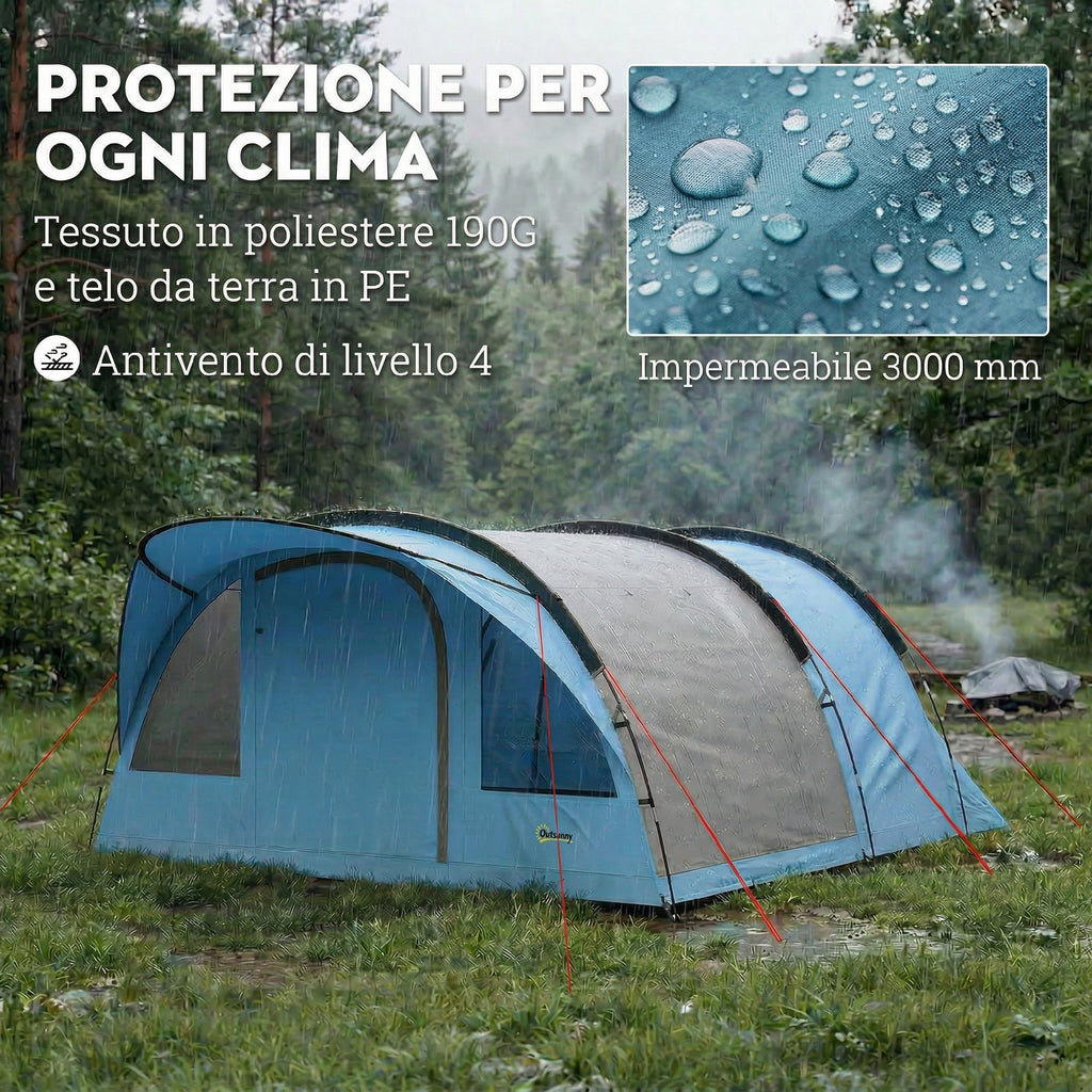 Outsunny 2-4 Person Tunnel Tent, 200cm High, 2 Bedrooms, 3000mm Waterproof, for Trekking, Blue