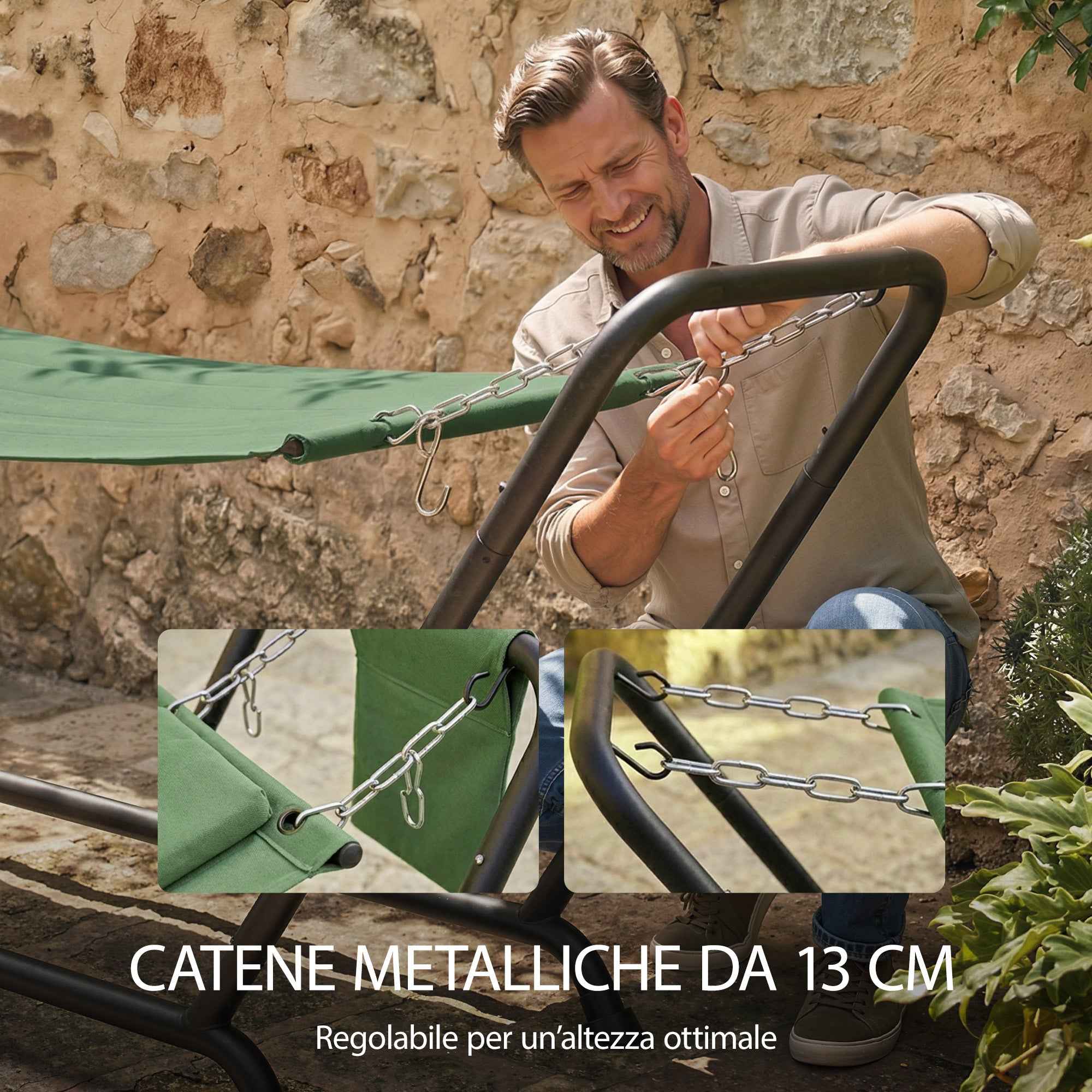 Outsunny Garden Hammock with Stand, Side Pocket and Headrest, Metal and Polyester, 237x90x92 cm, Dark Green
