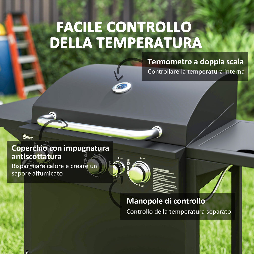 Gas Barbecue with Independent Burners, Lid with Thermometer and Side Table, Black