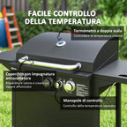 Gas Barbecue with Independent Burners, Lid with Thermometer and Side Table, Black