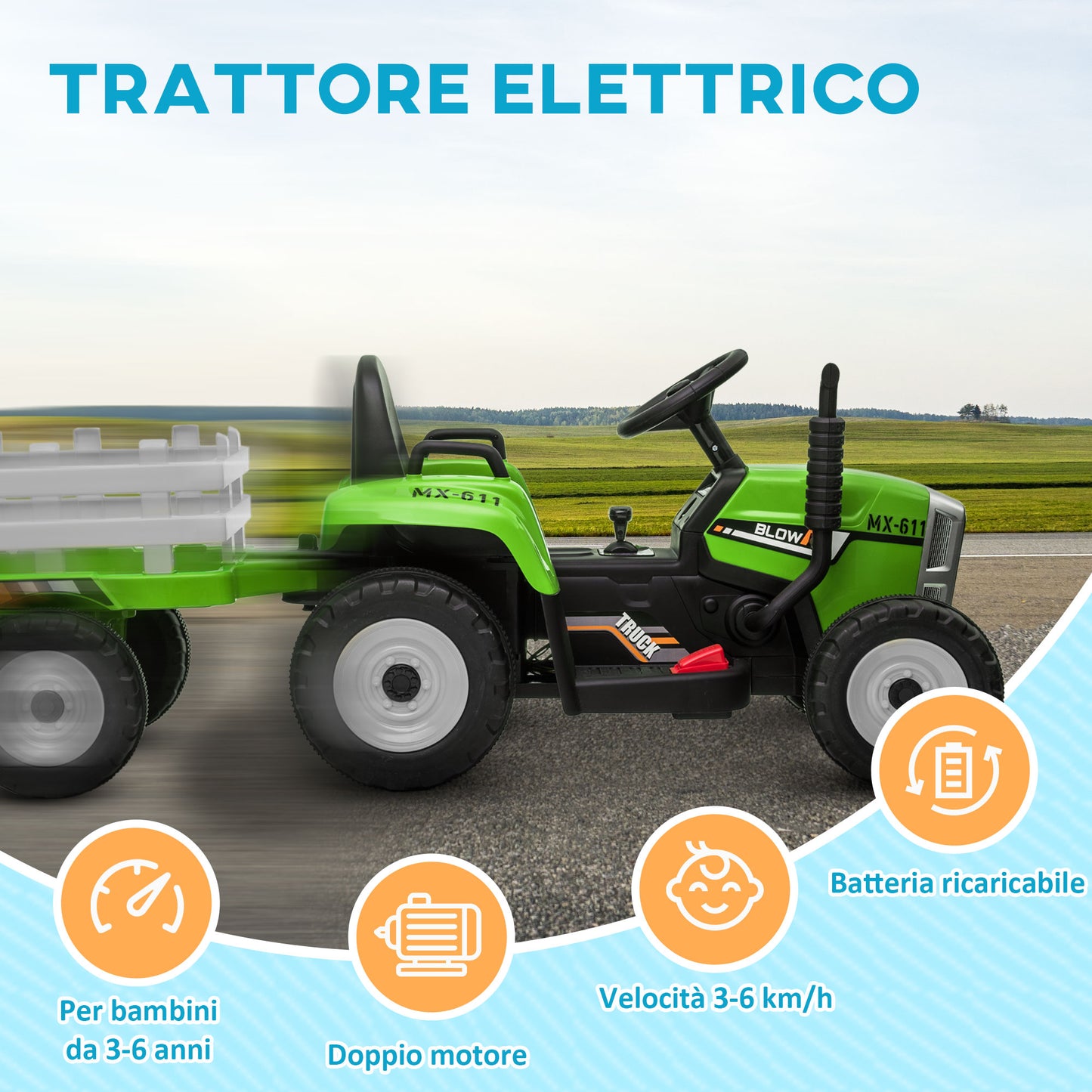 HOMCOM Electric Tractor for Children 3-6 Years with Removable Trailer, 12V Battery and Remote Control, Green - Borgè