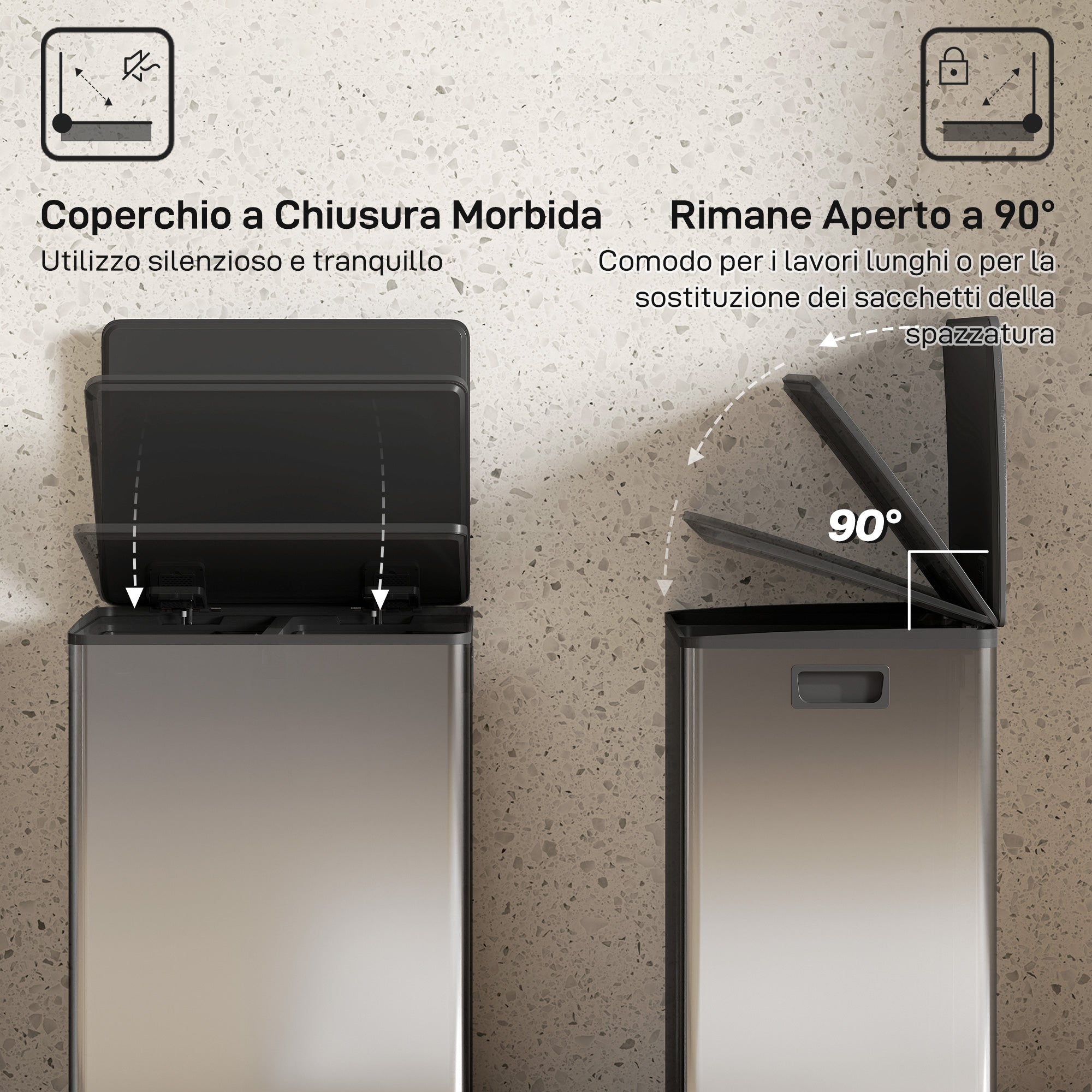 30L Pedal Bin with 2 Compartments, Cushioned Lid and Removable Buckets, Stainless Steel, Silver