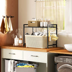 2-Tier Expandable Microwave Stand with 3 Hooks, Metal, 39.5-64x32x47.5 cm, Black