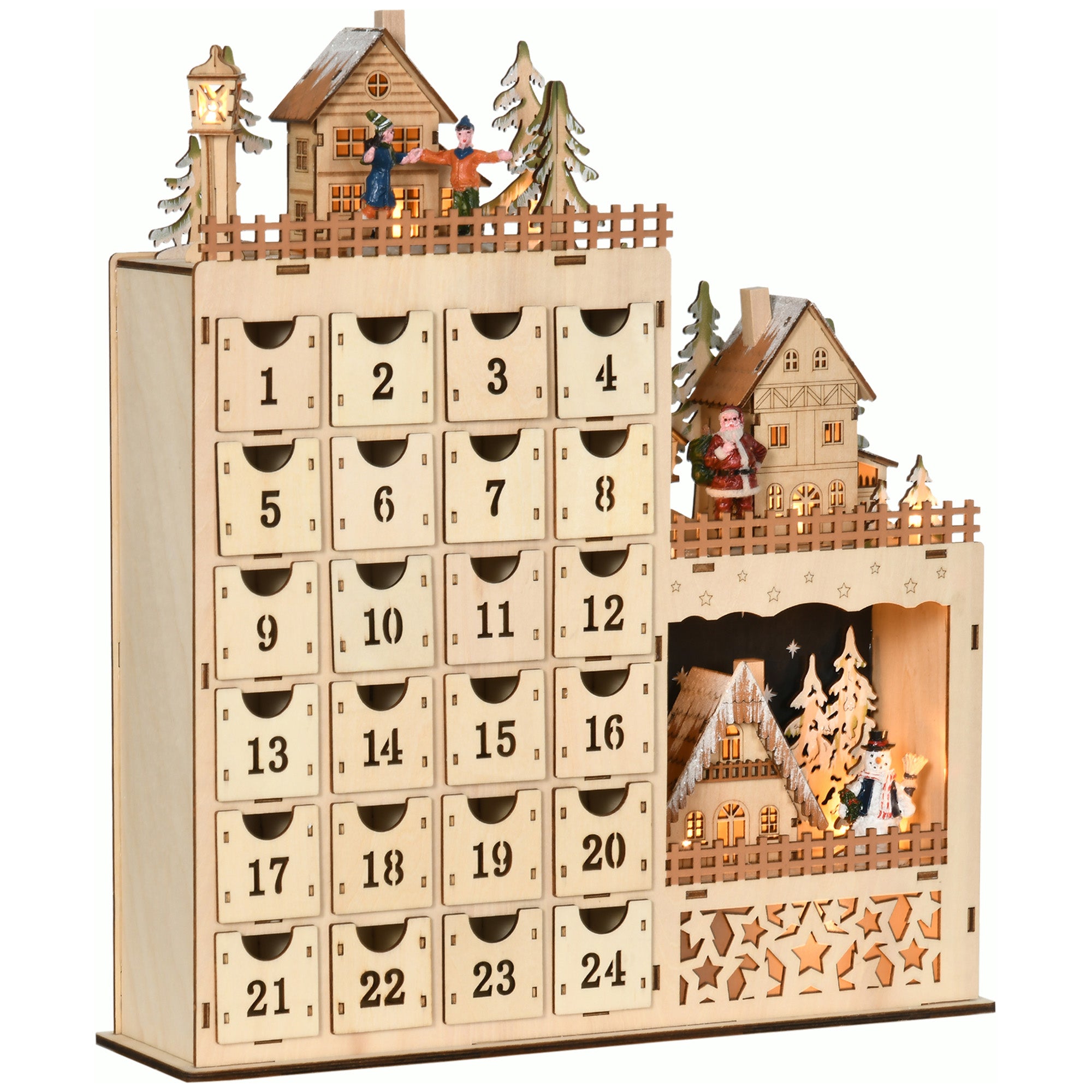 Rectangular Christmas Advent Calendar with Themed Patterns and 12 LED Lights, 22x9x30 cm, Plywood, Orange
