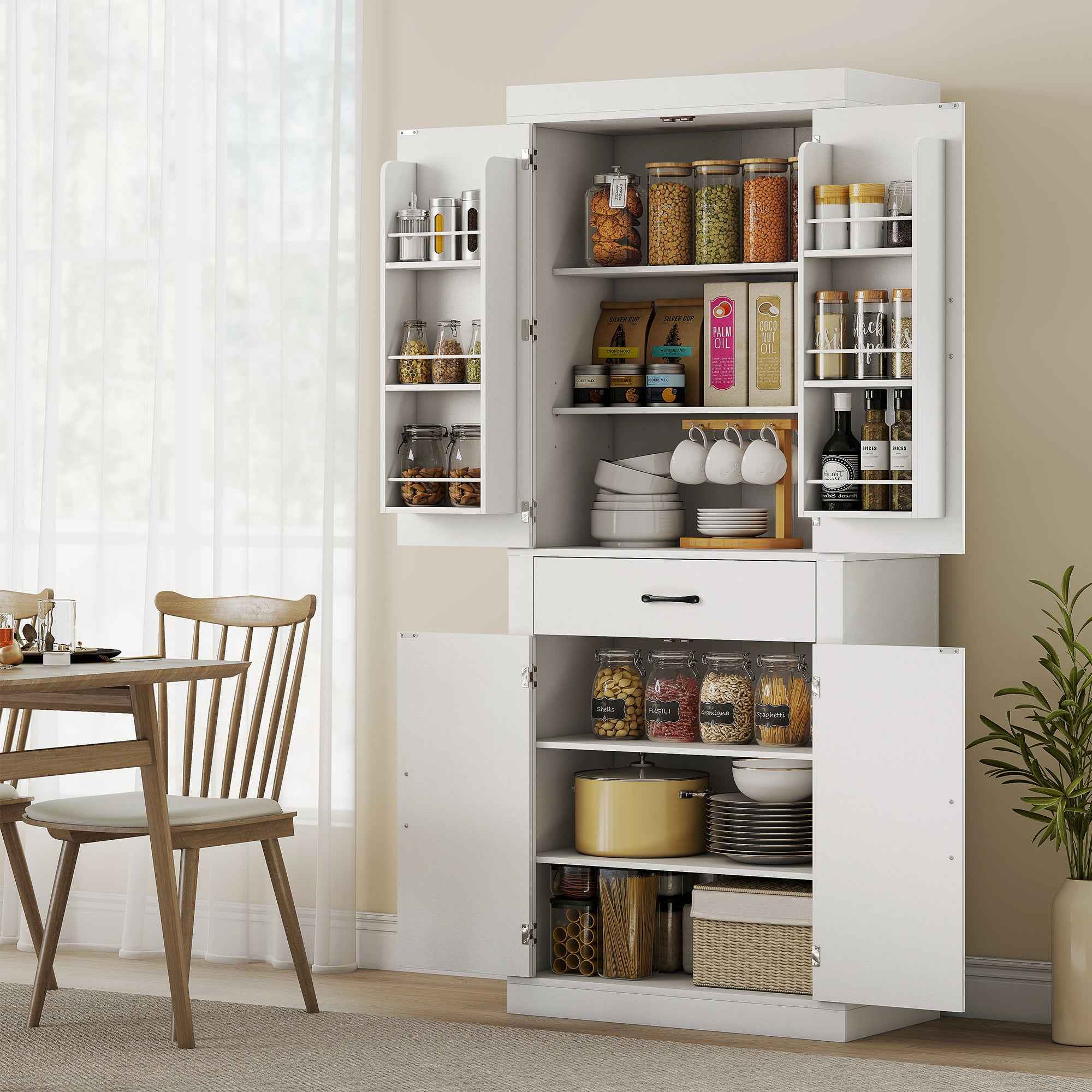 HOMCOM Country Style Kitchen Pantry with 2 Cabinets, 6 Shelves and Drawer, Wooden, 76x39.5x183.5 cm, White