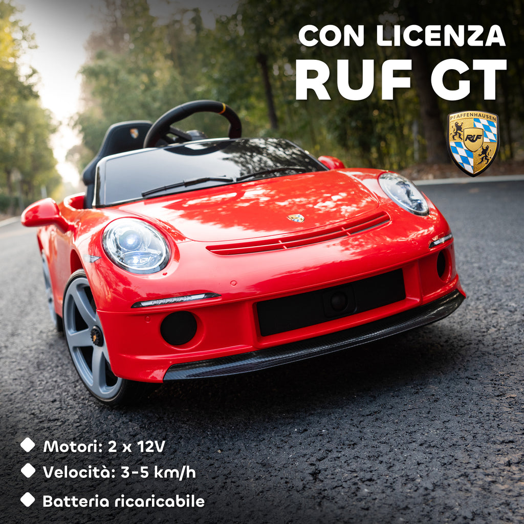 Officially Licensed RUF GT Ride-On Toy Car for Kids Ages 3-5, Remote Control, Seat Belt and Music, Red