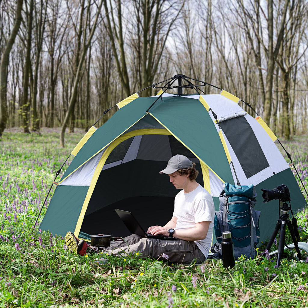 Outsunny Automatic camping tent for 2 people with internal pockets and mat, 205x195x135cm green - Borgè