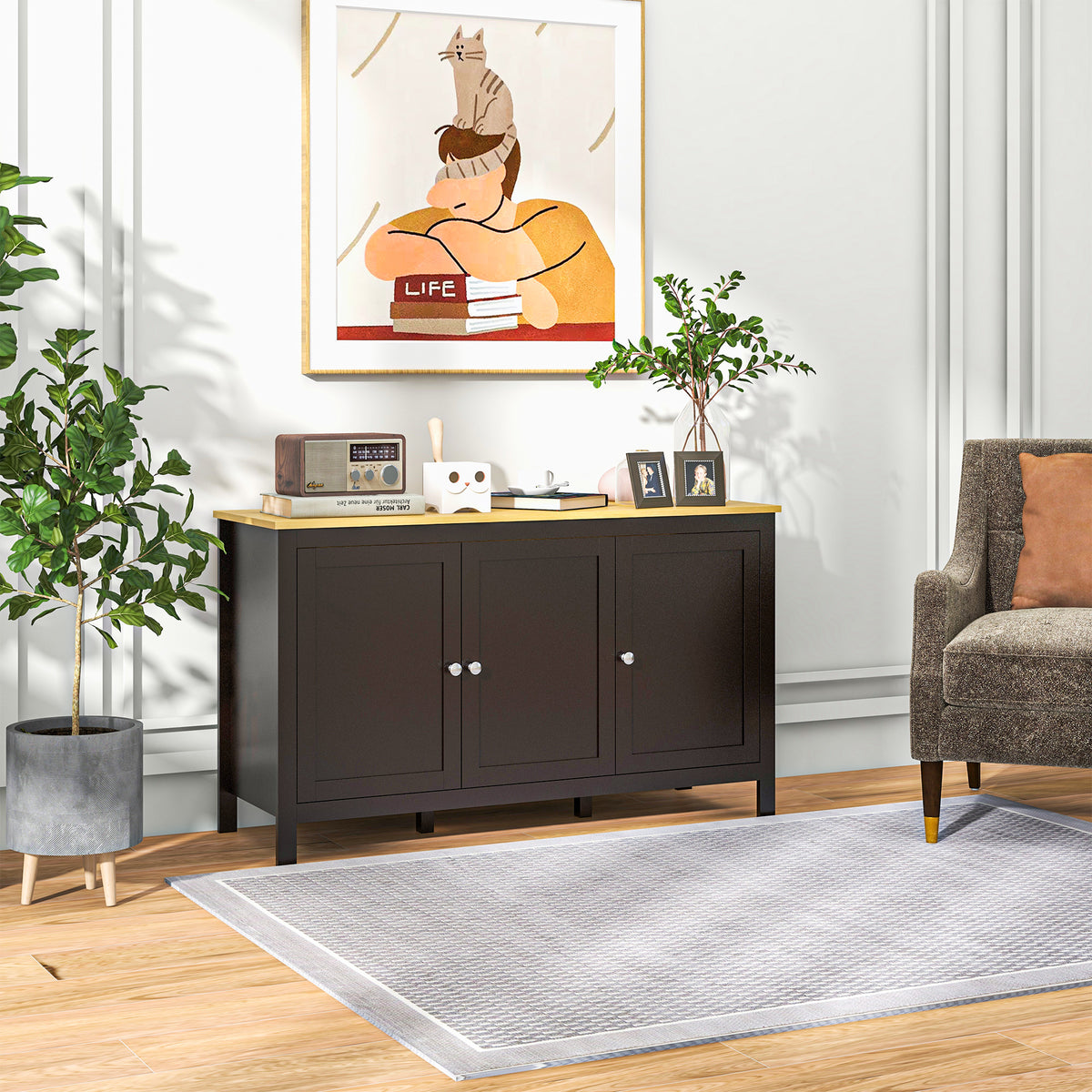 HOMCOM Storage Unit with 2 Cabinets and 2 Adjustable Shelves at 3 Heights, 120x40x70 cm, Black and Wood Color