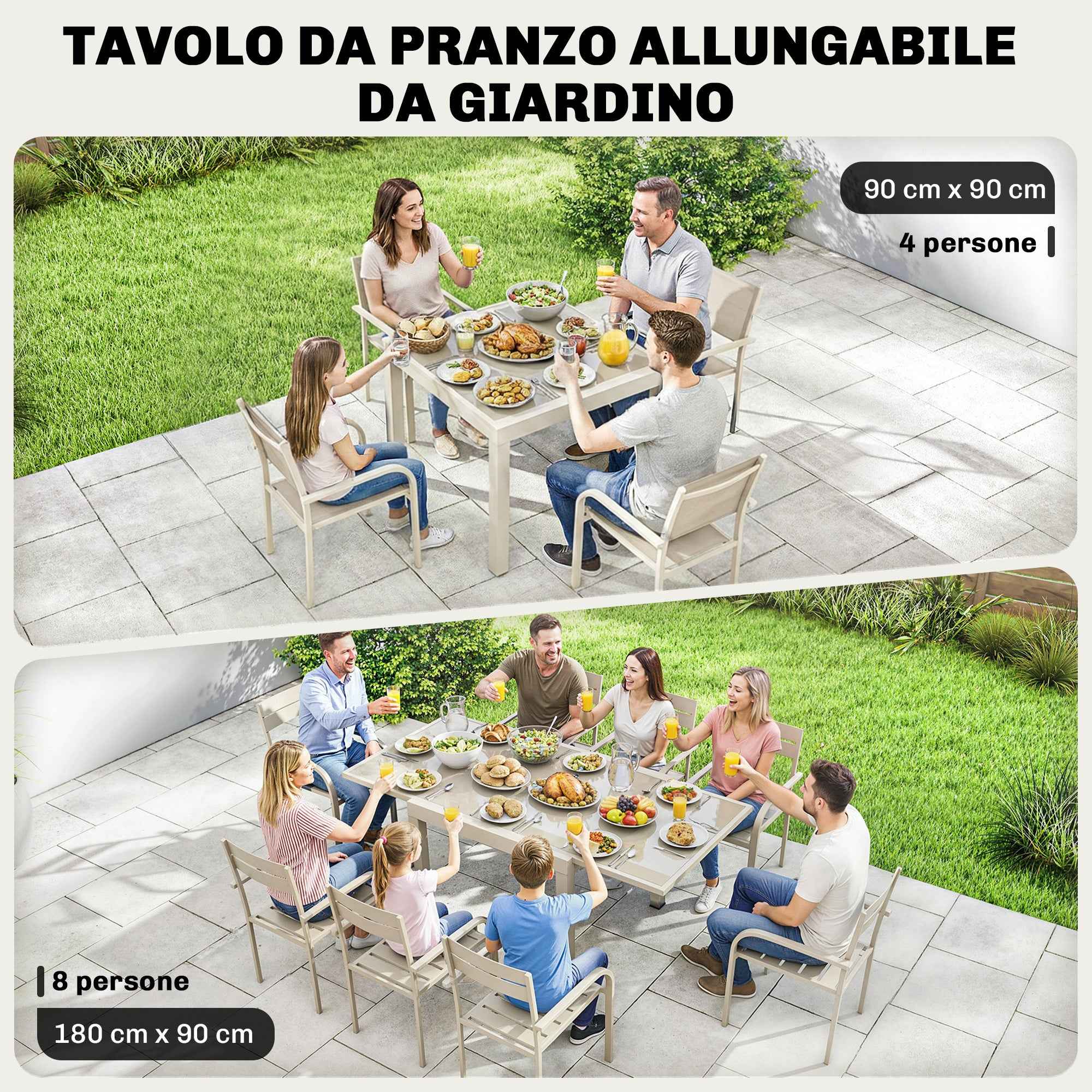 Outsunny Extendable Outdoor Aluminum Table, Tempered Glass Top, Cream White.