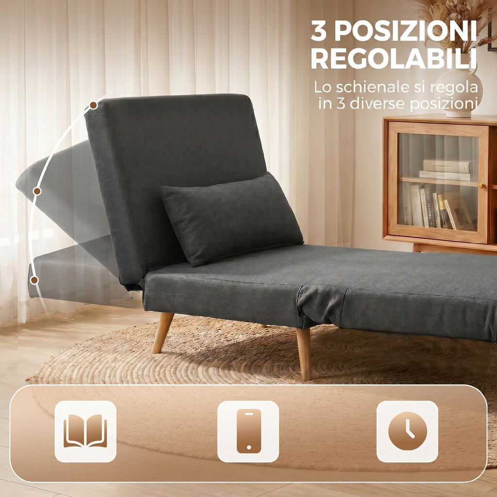 HOMCOM 3-in-1 Single Sofa Bed with 3-Level Adjustable Backrest and Cushion, in Linen-Effect Fabric, Grey