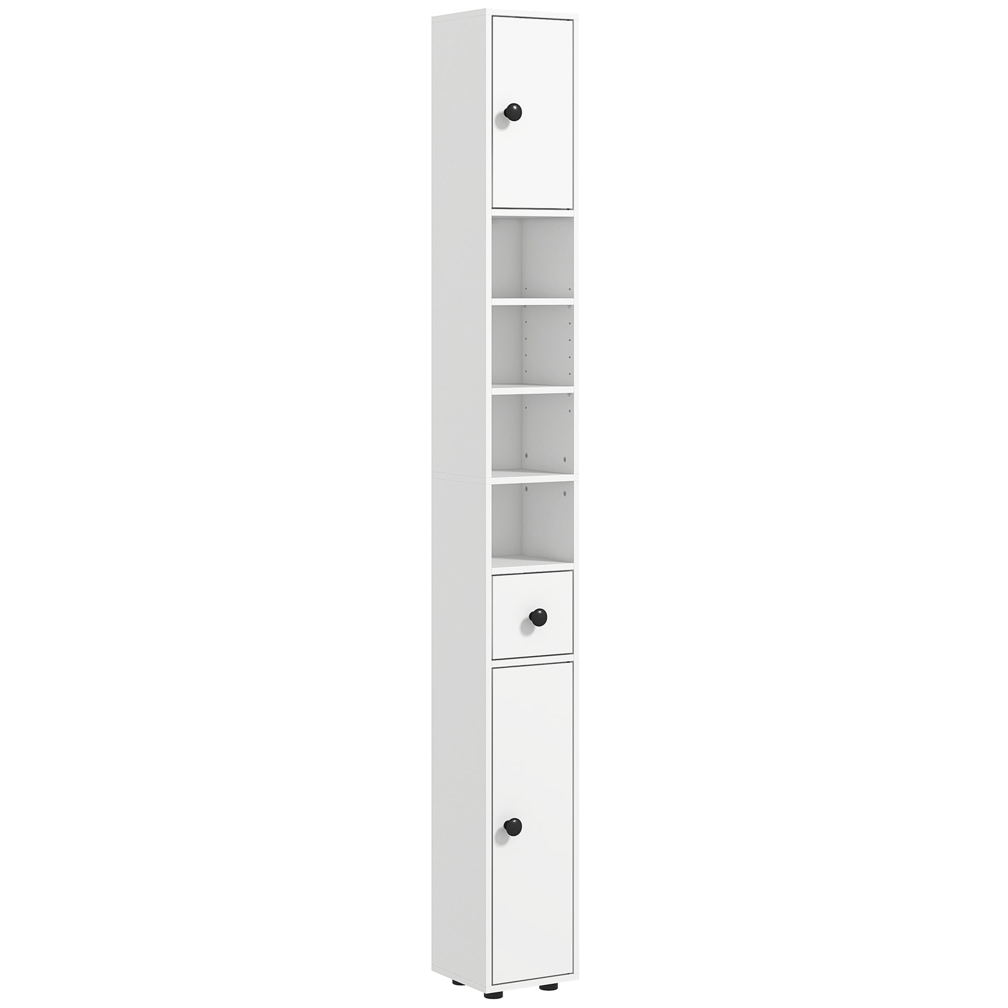 kleankin Bathroom Cabinet with Drawer, 2 Cabinets and 4 Open Shelves, Wooden, 20x20x180 cm, White