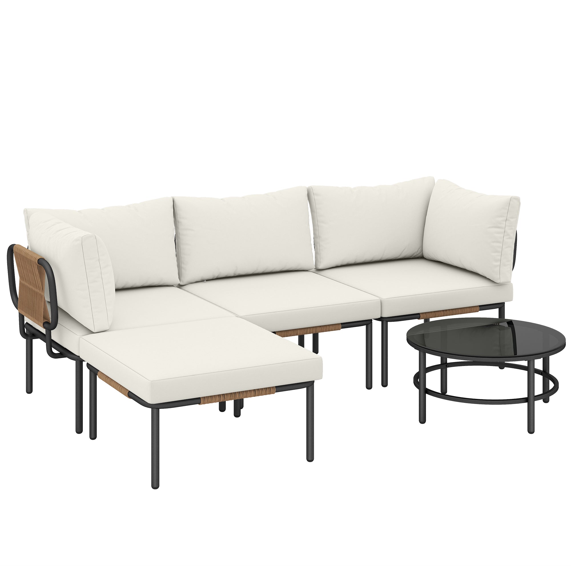 Outsunny 5-Piece Modular Rattan Garden Set with L-Shaped Sofa, Coffee Table, and Cushions, Khaki