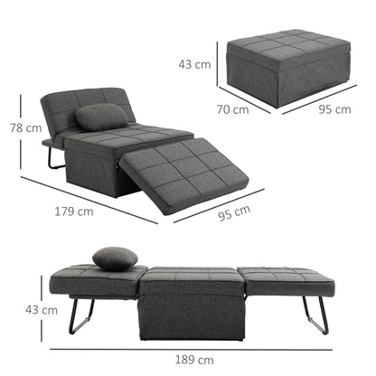 Sofa Bed 3 in 1 with Adjustable Backrest and Cushion, in Linen Effect Fabric, 95x179x78 cm, Grey