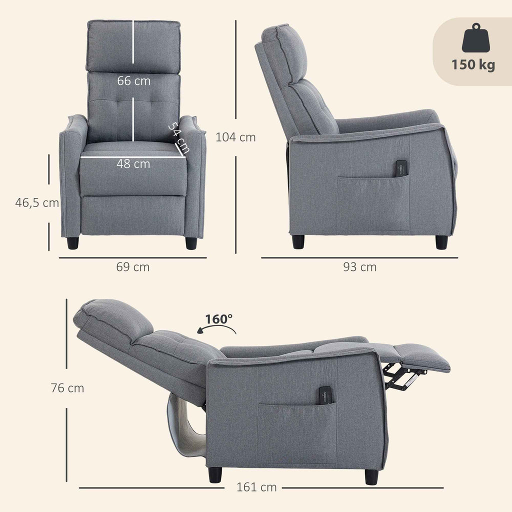 HOMCOM 160° Reclining Massage Chair with Footrest and Remote Control, 69x93x104 cm, Light Grey Linen Effect