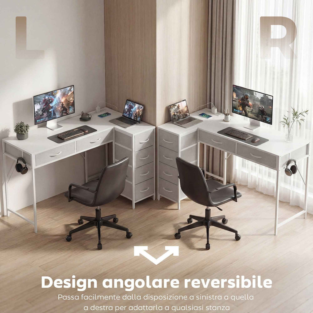 Corner Desk with 6 Drawers, Side Hook and Integrated Sockets, Wood and Steel, 126x48x80 cm, White