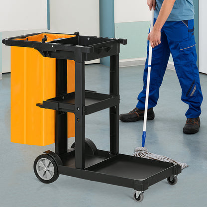 3-Shelf Cleaning Trolley with Hooks and 100L Bag, 121x50.5x96.5 cm, Black, Yellow and Gray