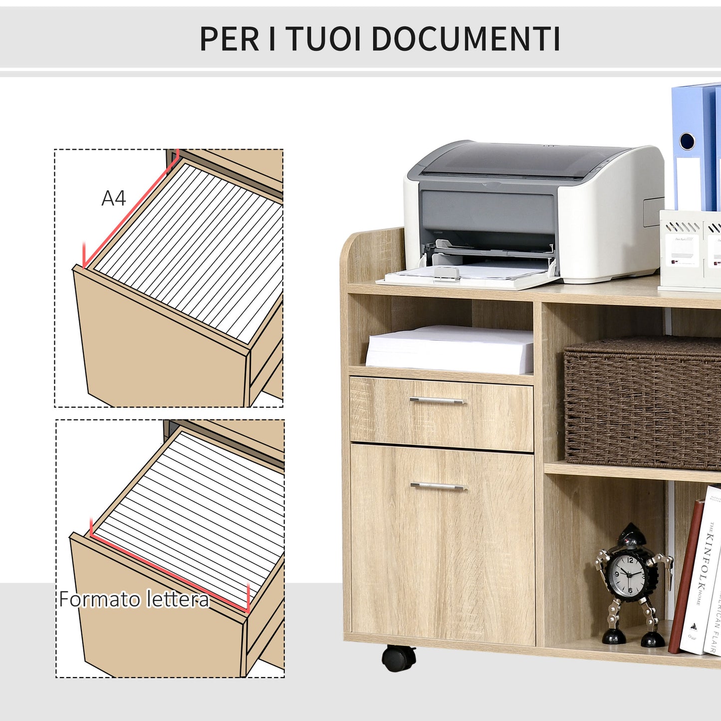 Multi-Use Printer Stand, Office Cabinet, Low Cabinet, Multipurpose Cabinet with 4 Wheels, Oak, 80x40x72cm - Borgè