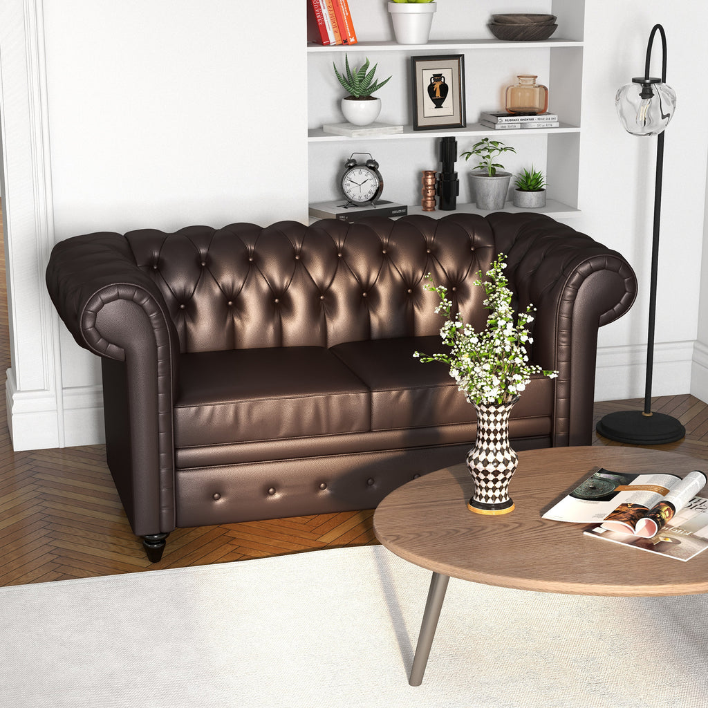 2-Seater Chesterfield Style Sofa with Removable Cushion, in Faux Leather, Wood and Metal, 160x84x80 cm, Brown