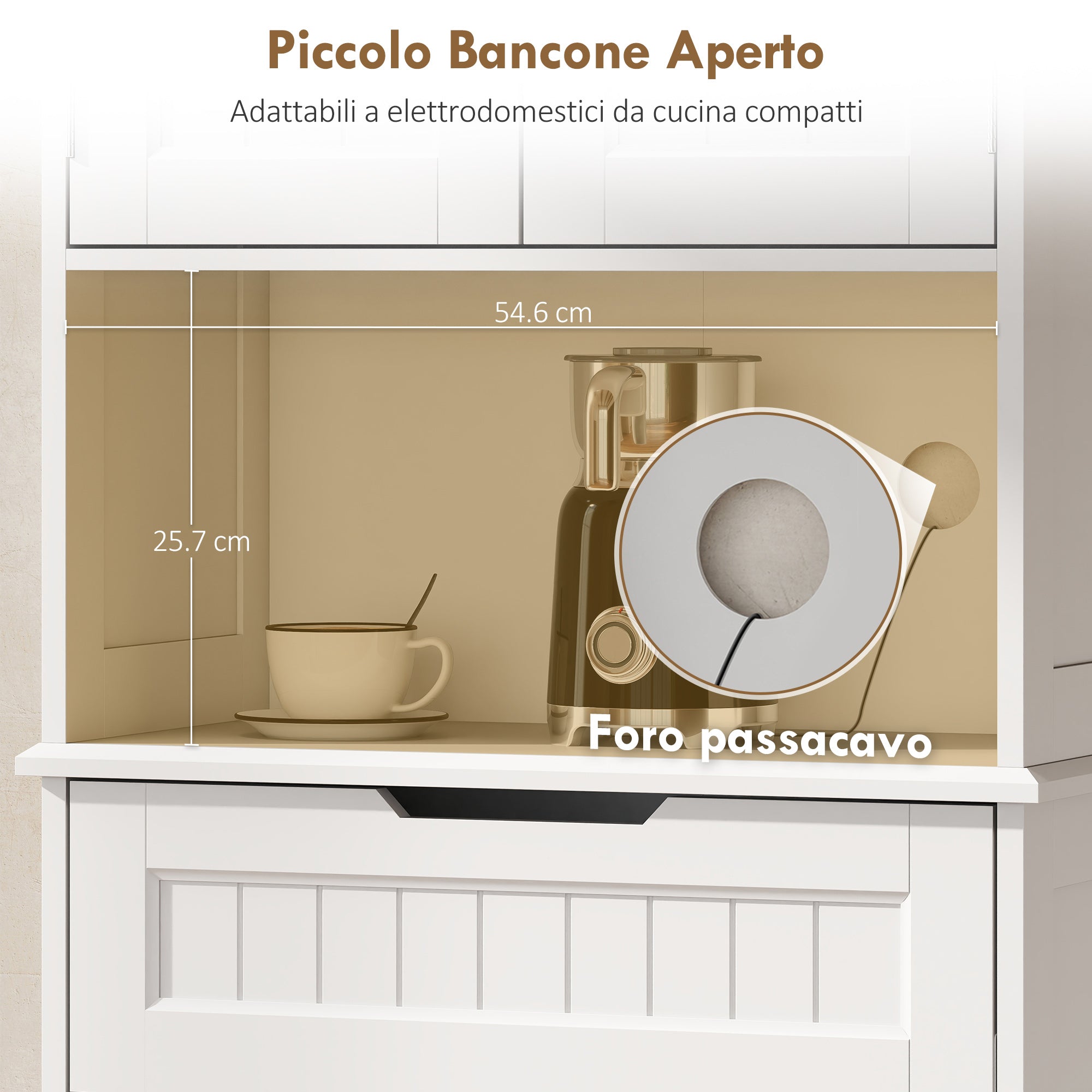 Kitchen Sideboard with 2 Cabinets and Drawer, Open Center Top and Adjustable Shelves, White