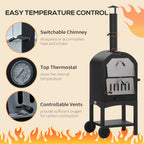 Outdoor Oven for pizza and portable charcoal barbecue in steel with fireplace and wheels, 63x54x161 cm, black - Borgè