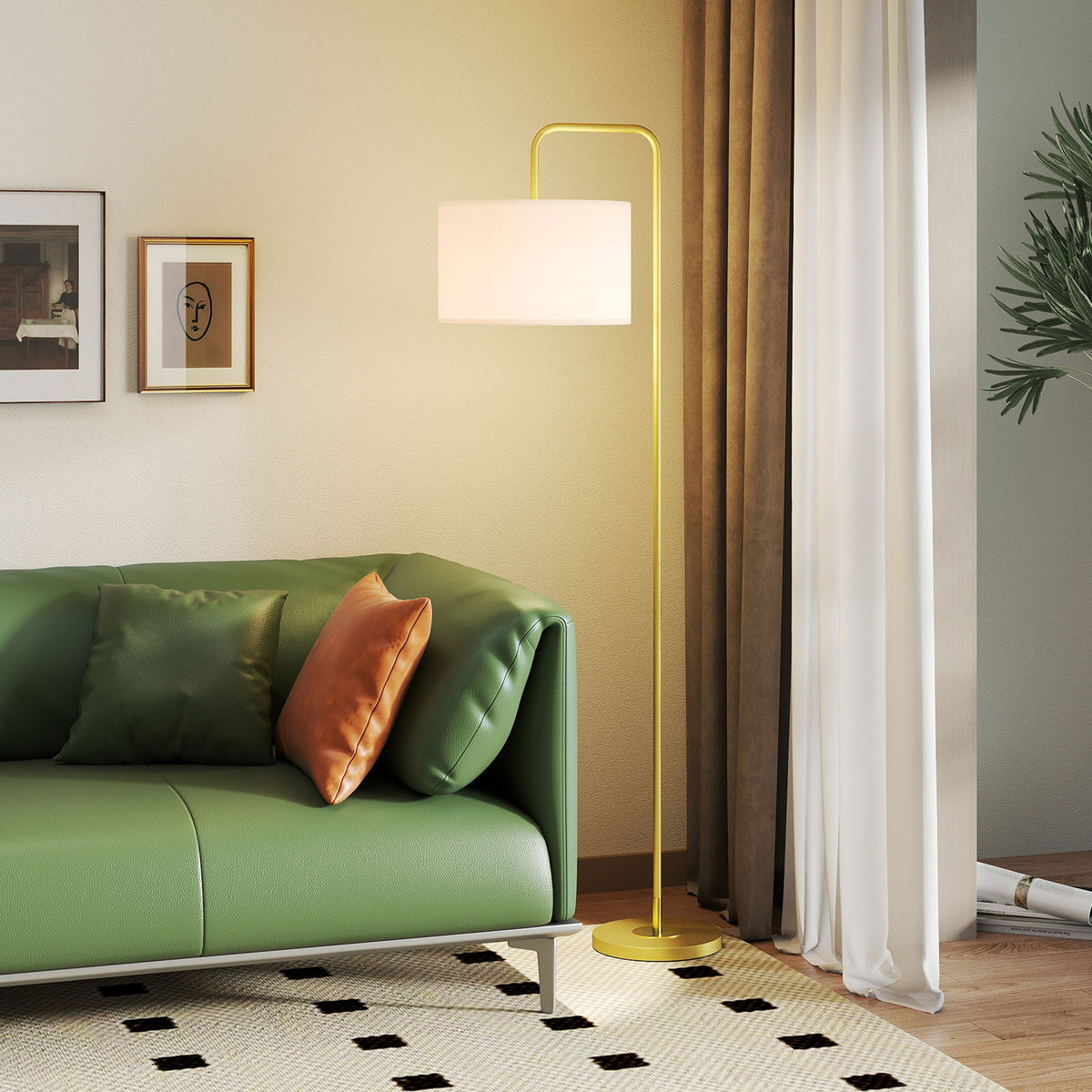 HOMCOM Arched Floor Lamp with Linen-Effect Fabric Shade and Steel Foot Switch, Gold