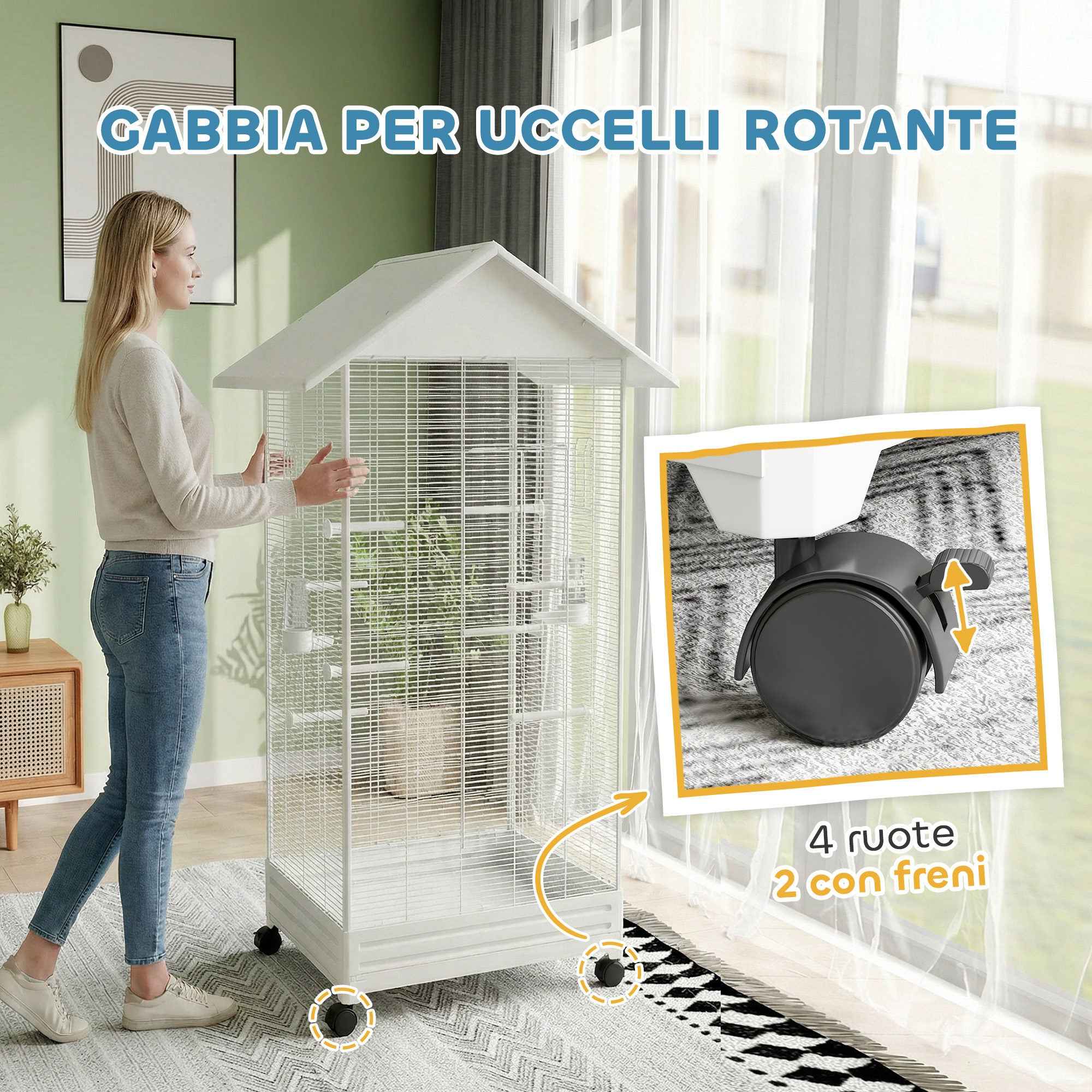 PawHut Wheeled Bird Aviary with Removable Tray, Perches and Feeders, Steel, 79x65x155 cm, White