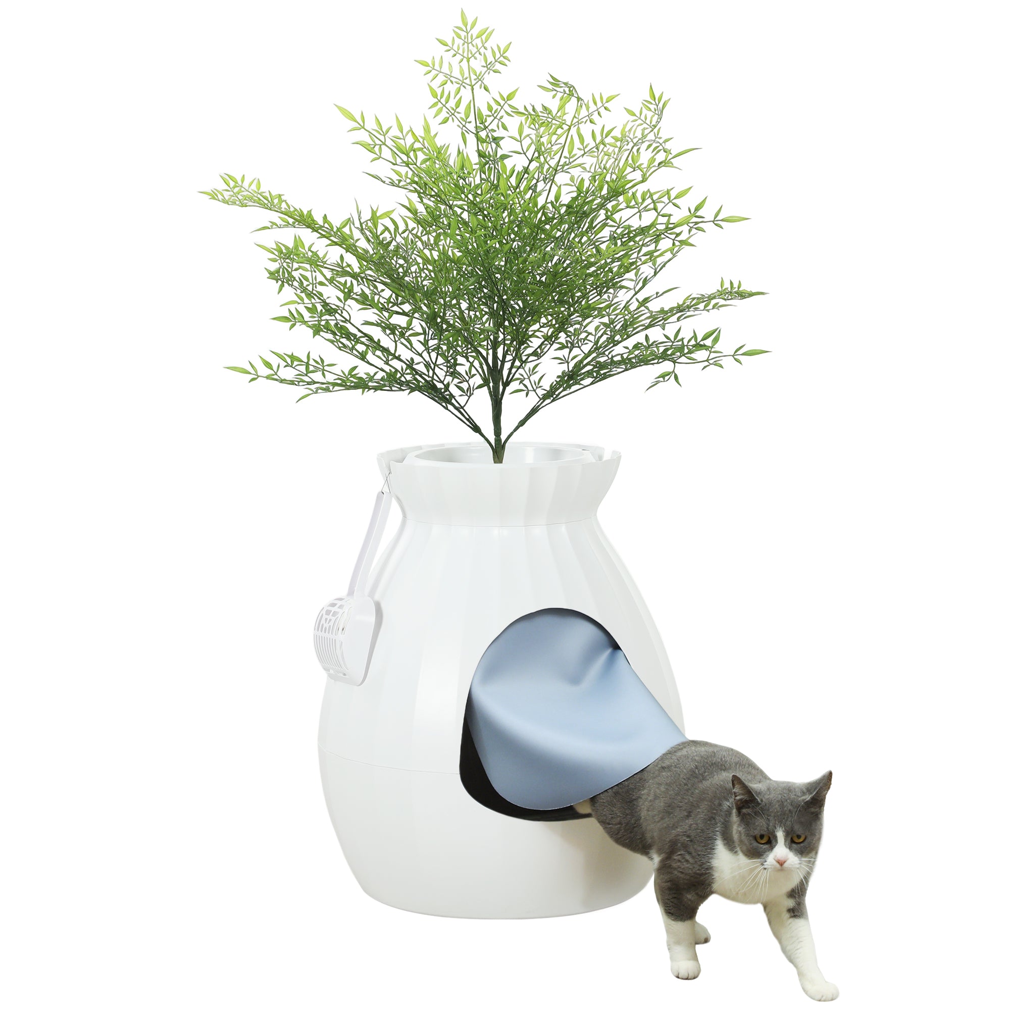 Odor-Resistant Cat Litter Box with Scoop, Pot-Shaped, Made of ABS and Stainless Steel, 50x48.5x58.7 cm, White