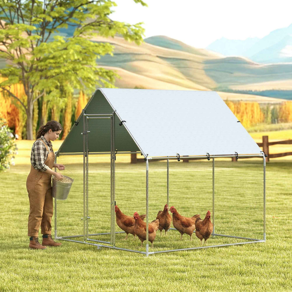 PawHut Outdoor Chicken Coop with Roof and Locks, Galvanized Steel, 2x2x2 m, Silver