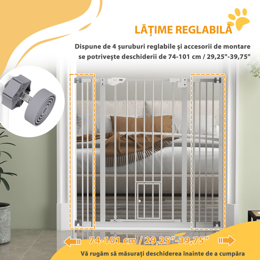 PawHut Adjustable Dog Gate with Small Door and Automatic Closure, 74-101x104cm, White