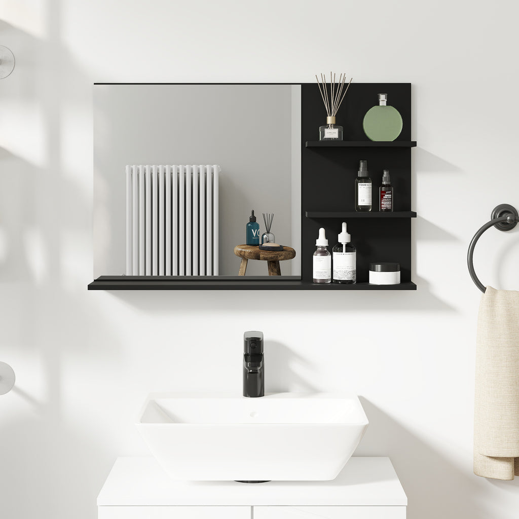 Modern Bathroom Mirror with 2 Side Shelves and Bottom Shelf, in Wood and Glass, 75x10x48 cm, Black