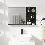 Modern Bathroom Mirror with 2 Side Shelves and Bottom Shelf, in Wood and Glass, 75x10x48 cm, Black