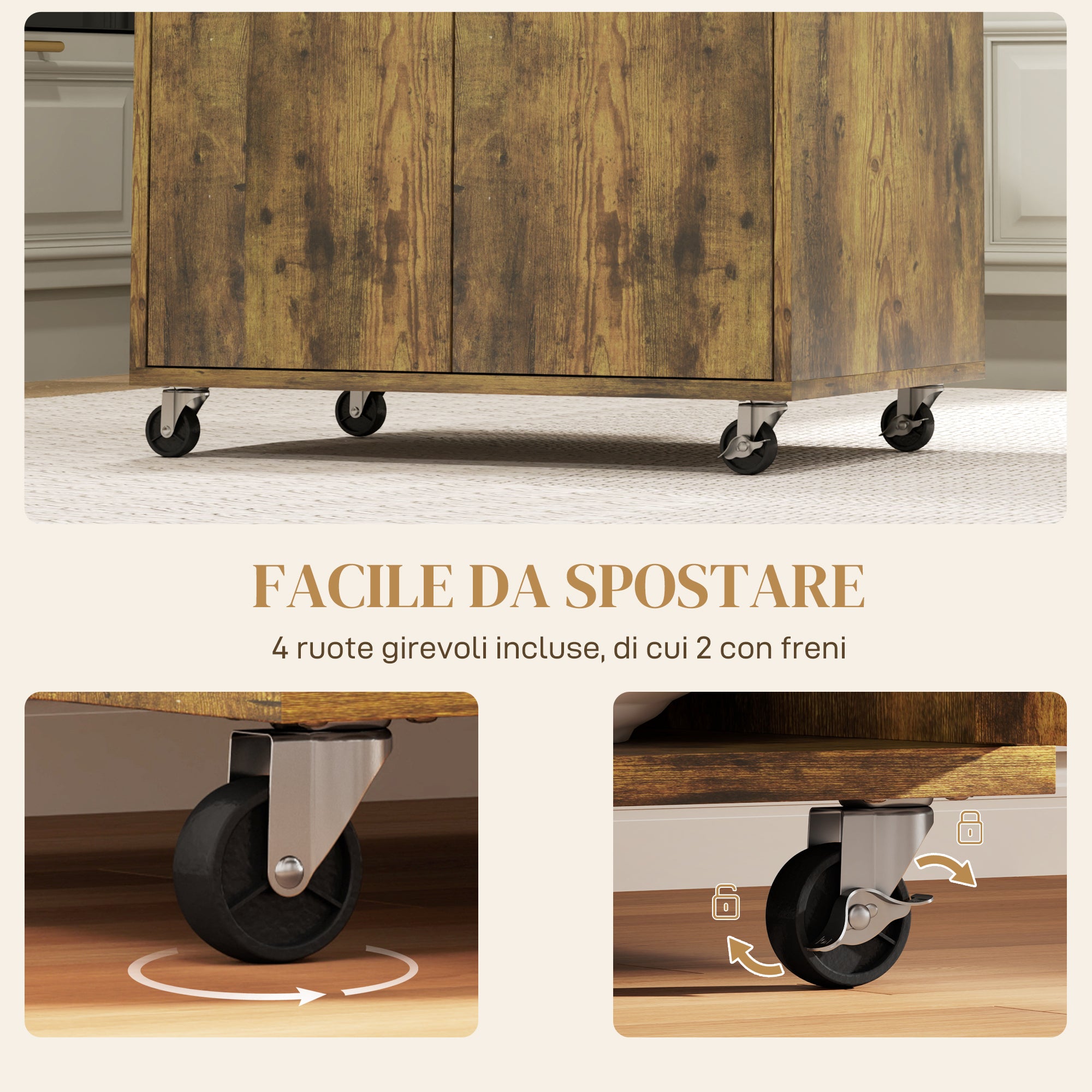 Kitchen Trolley with Drawer, Cabinet and 4 Wooden Wheels, 60x40x77cm, Rustic Brown