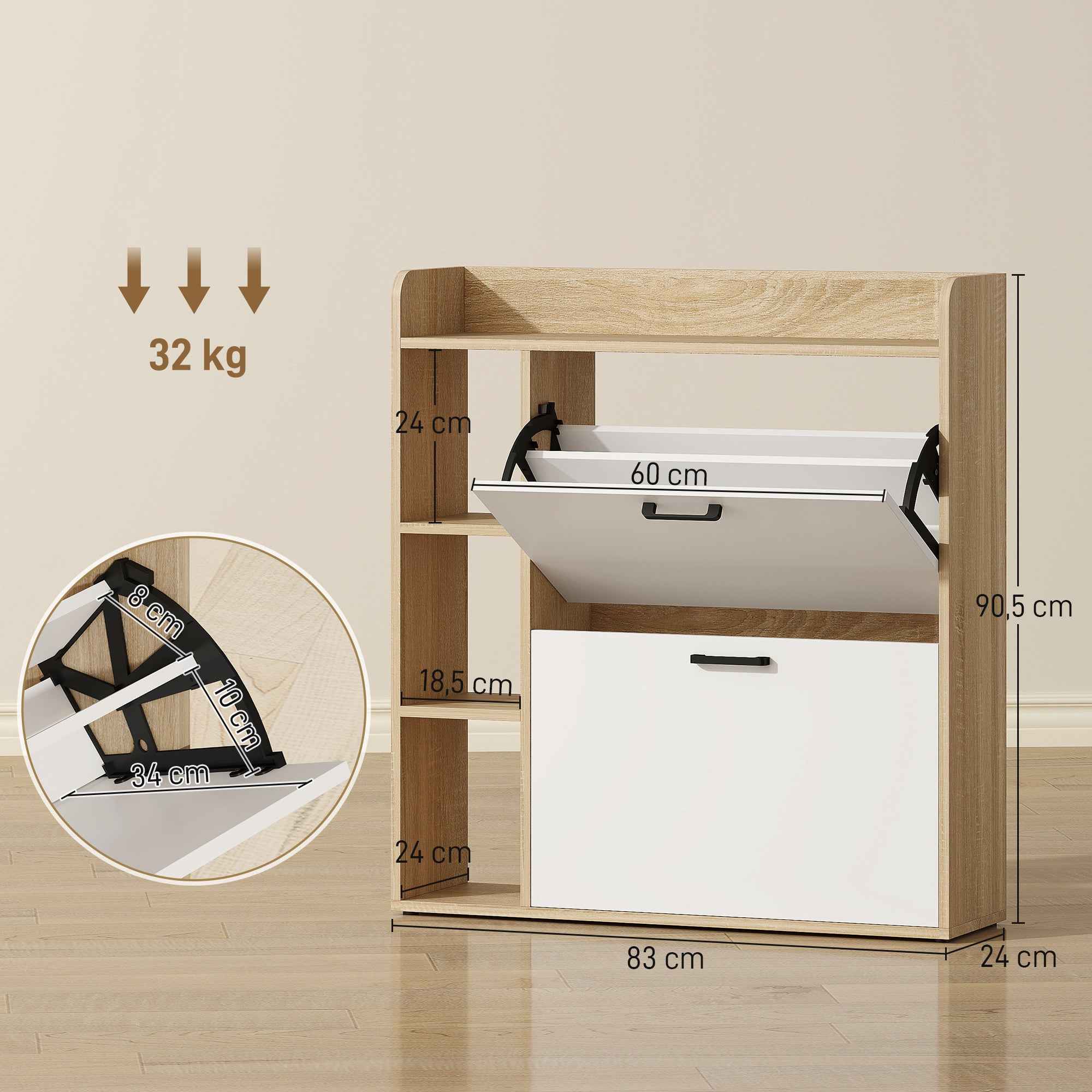HOMCOM Slim Shoe Rack with 2 Tilting Drawers and 3 Open Compartments, Capacity 15 Shoes, 83x24x90.5 cm, Wood and White Color