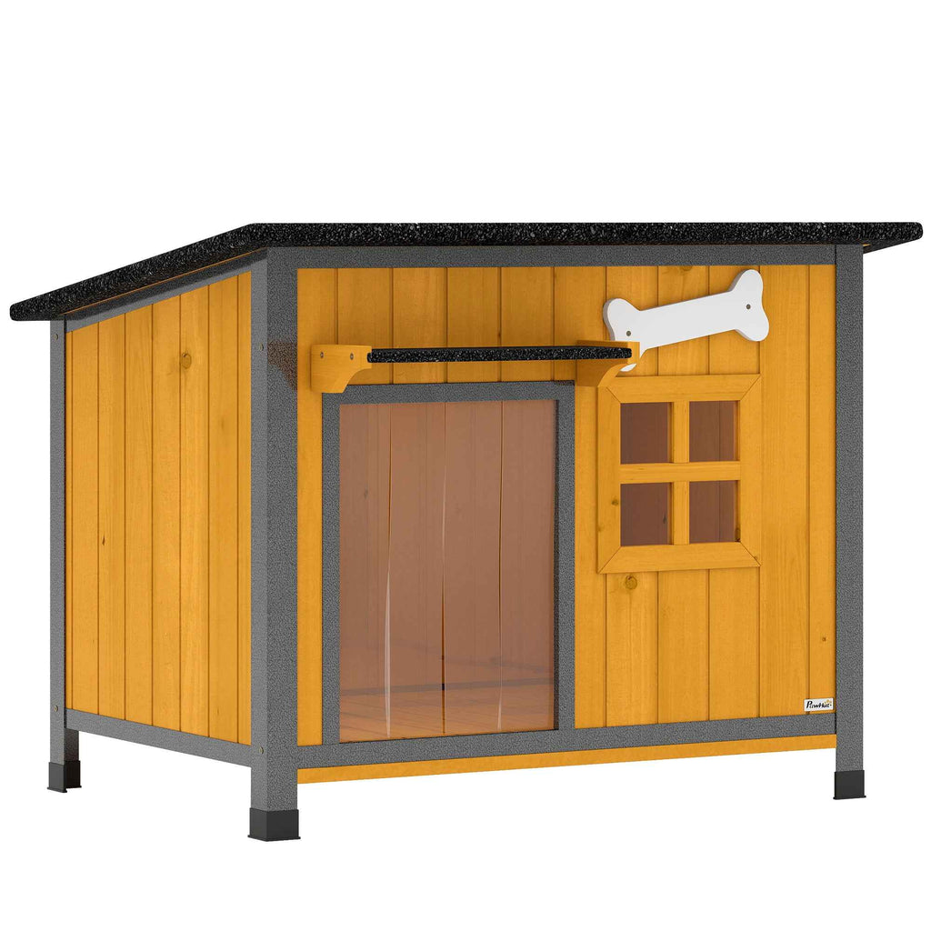 PawHut Outdoor Dog Kennel in Wood and Steel, Bite-Resistant, with Opening Roof and Door Curtain, Yellow