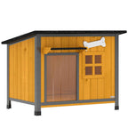 PawHut Outdoor Dog Kennel in Wood and Steel, Bite-Resistant, with Opening Roof and Door Curtain, Yellow