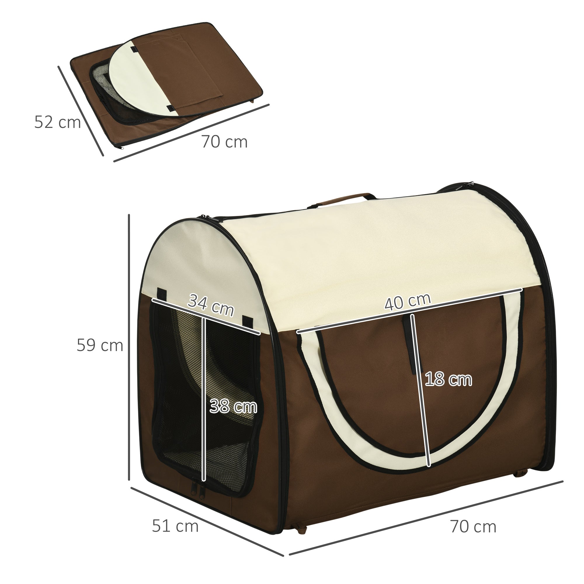Foldable Oxford Pet Carrier with Removable Washable Cushion and Carry Bag, 70x51x59cm, Brown