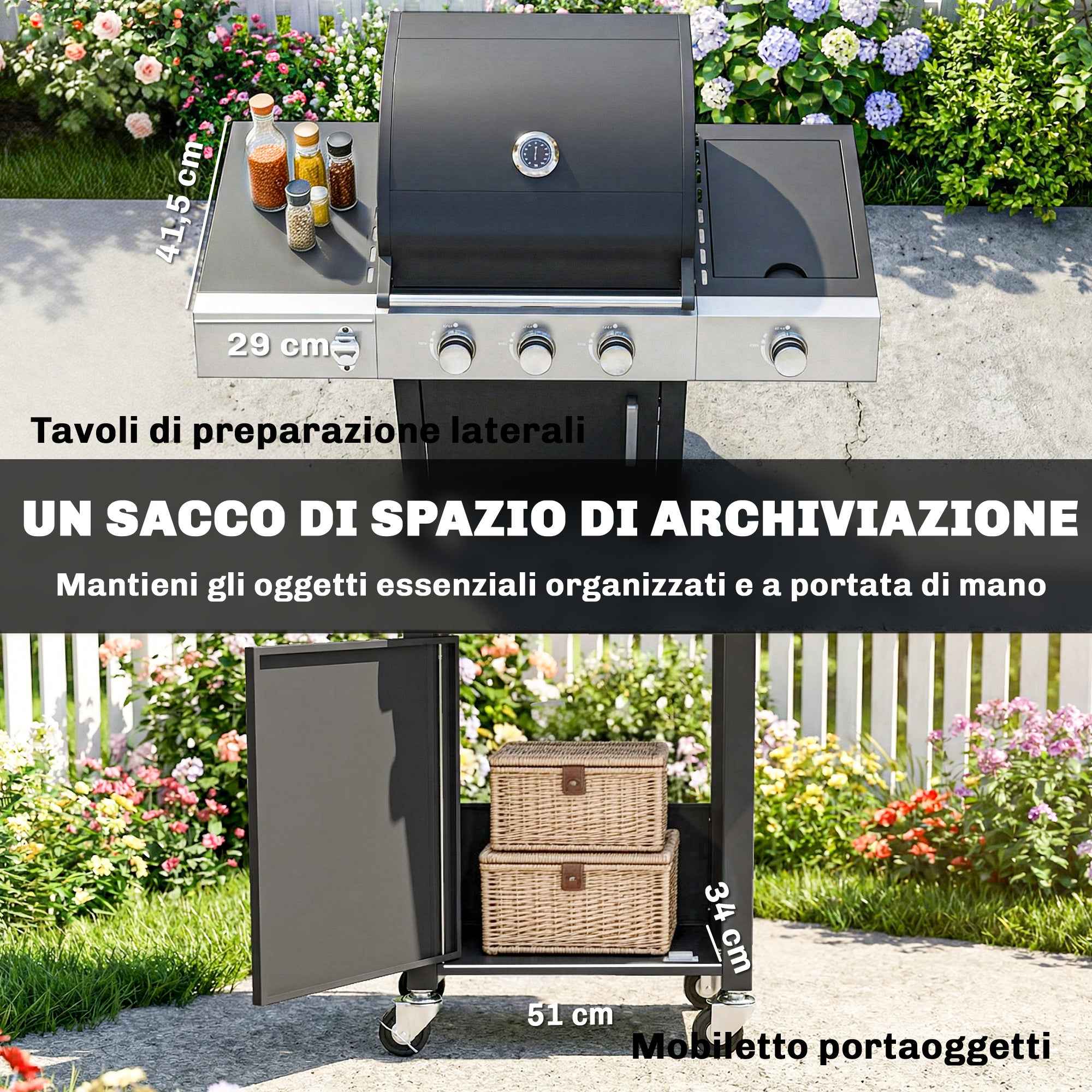 Outsunny Gas Barbecue with 3 Burners and Side Burner, 109x50x109 cm, Black