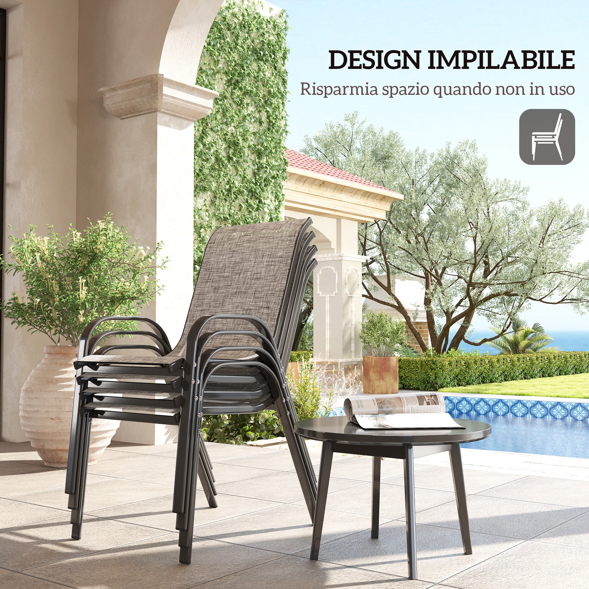 Outsunny Set of 4 Stackable Garden Chairs with Curved Armrests, in Steel and Breathable Fabric, 54x71x93 cm, Grey