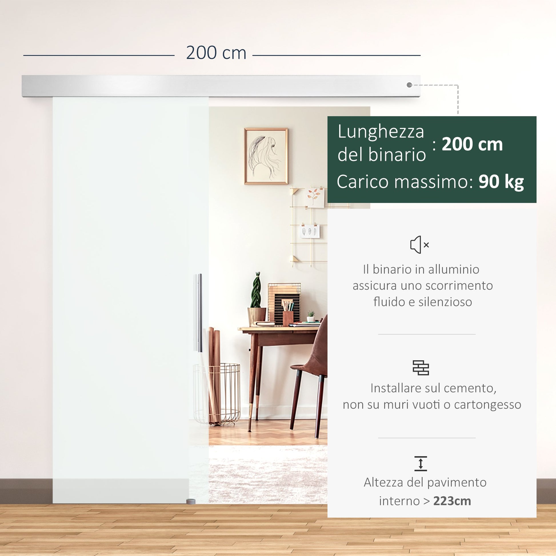 Homcom sliding door in transparent glass with track and aluminum handle for bathroom kitchen studio 210x75x0.8cm - Borgè