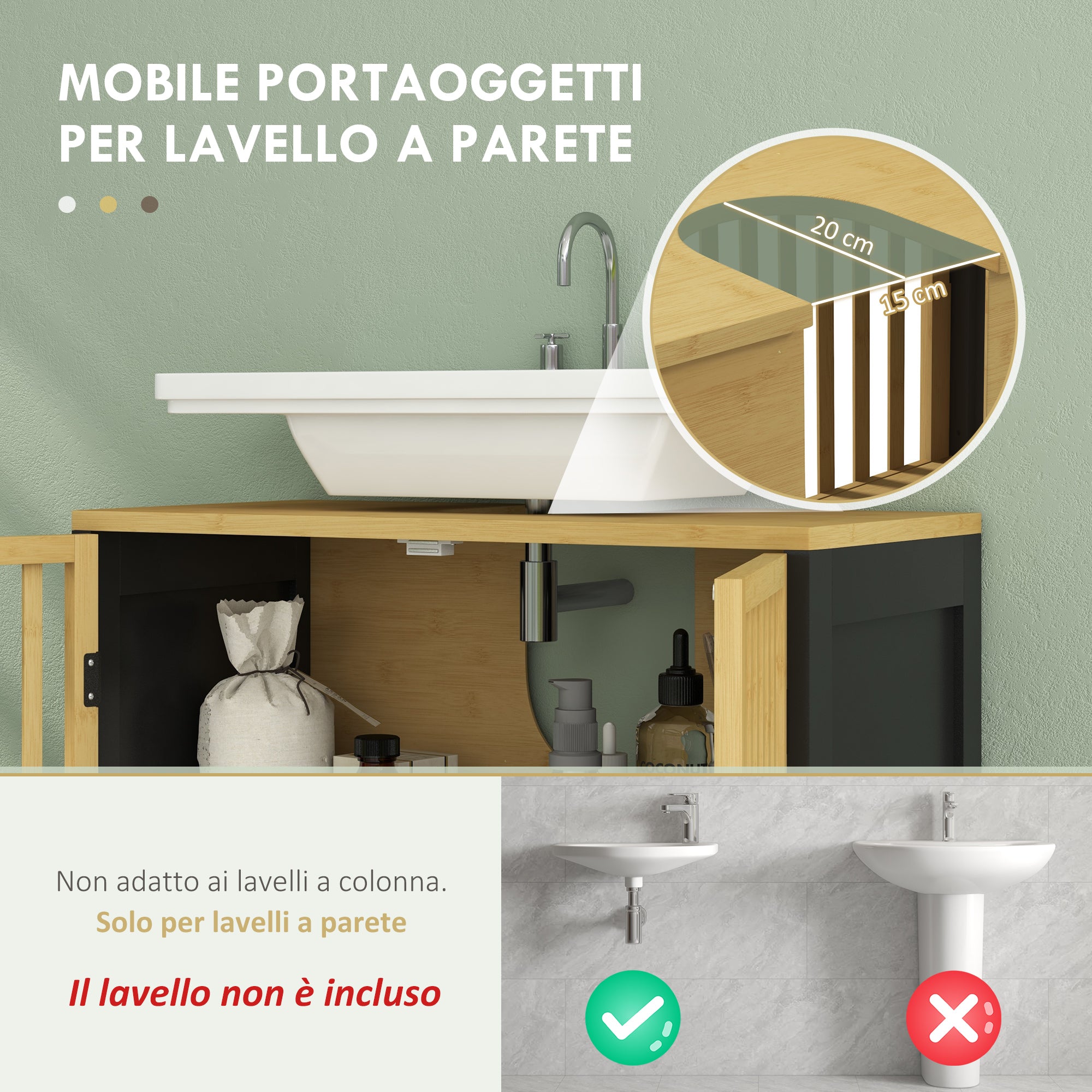 HOMCOM Bathroom Vanity Unit with 2 Slatted Doors in Bamboo Wood and MDF with U-Cut, 60x30x70cm - Borgè