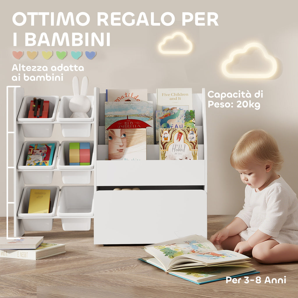 Toy Storage Shelf with 6 Baskets, 3 Shelves and Bottom Box, Made of Wood, Plastic and Steel, 100x30x80 cm, White