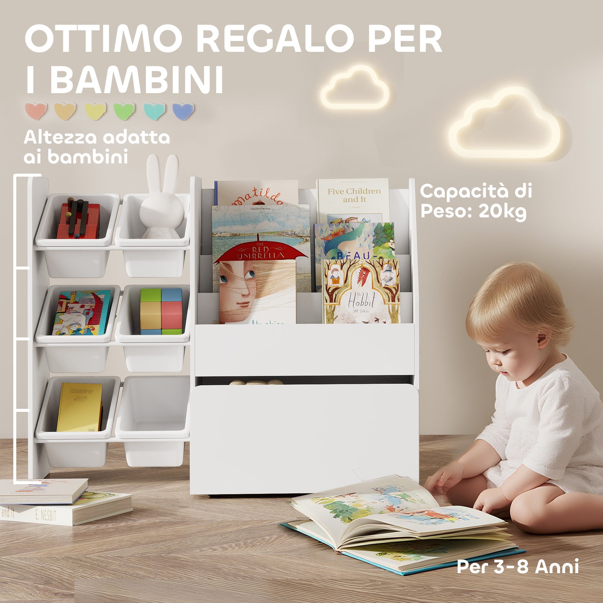Toy Storage Shelf with 6 Baskets, 3 Shelves and Bottom Box, Made of Wood, Plastic and Steel, 100x30x80 cm, White