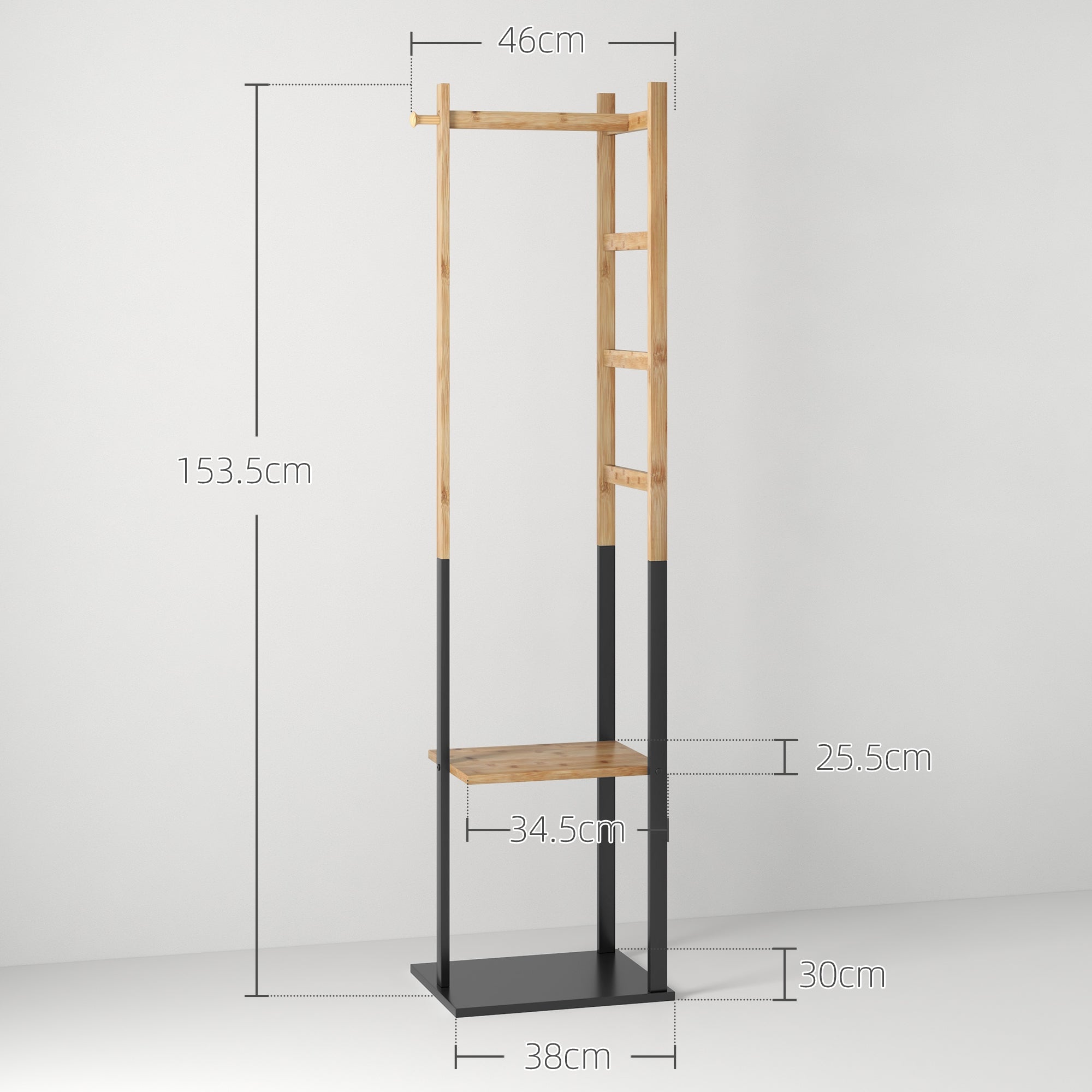 Freestanding Coat Rack with Central Bar, 4 Side Bars, 2 Hooks and 2 Shelves, Wood and Black
