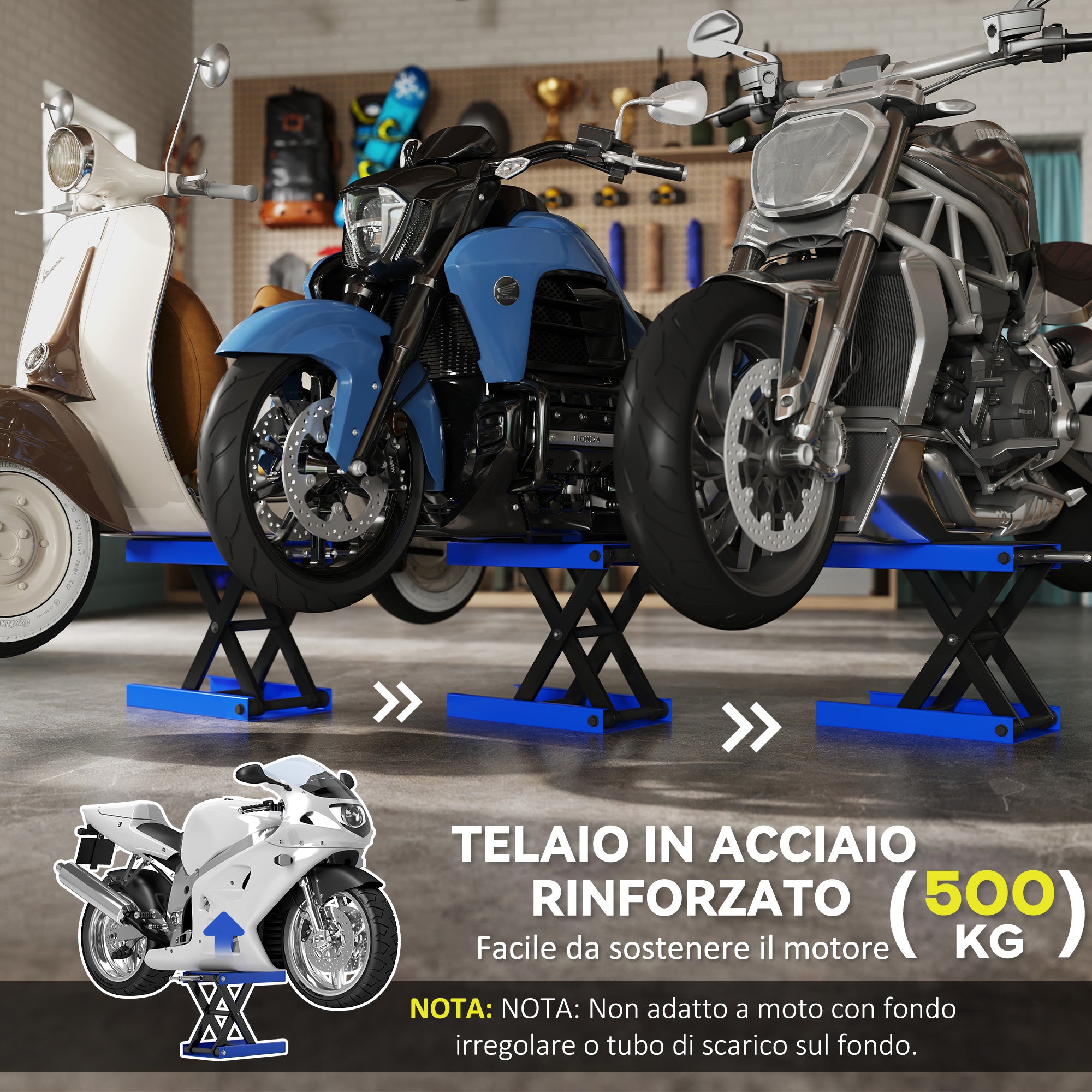 DURHAND Folding and Non-Slip Motorcycle Stand in Steel and Rubber, 41.5x23.5x10-37 cm, Blue and Black