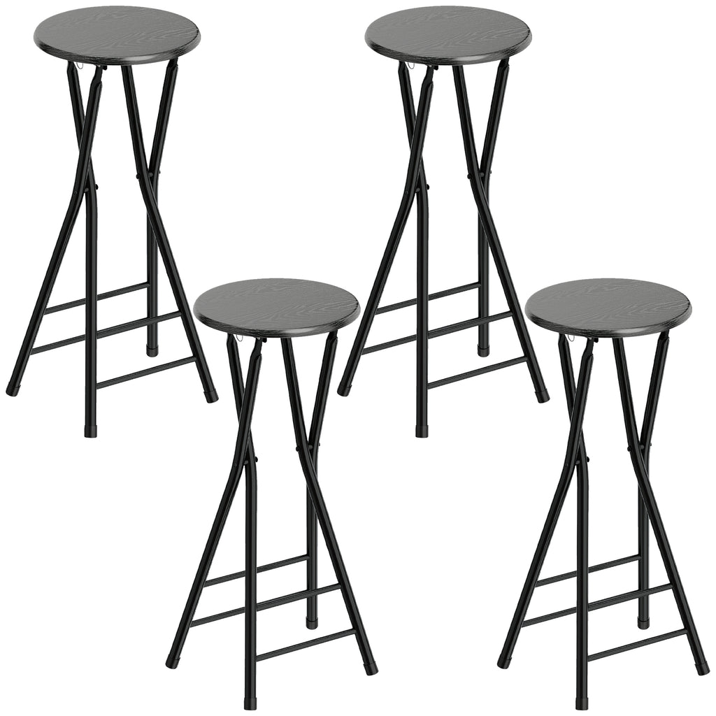 HOMCOM Set of 4 Folding Bar Stools with Double Footrest, Wood and Steel, 34x30x70 cm, Black