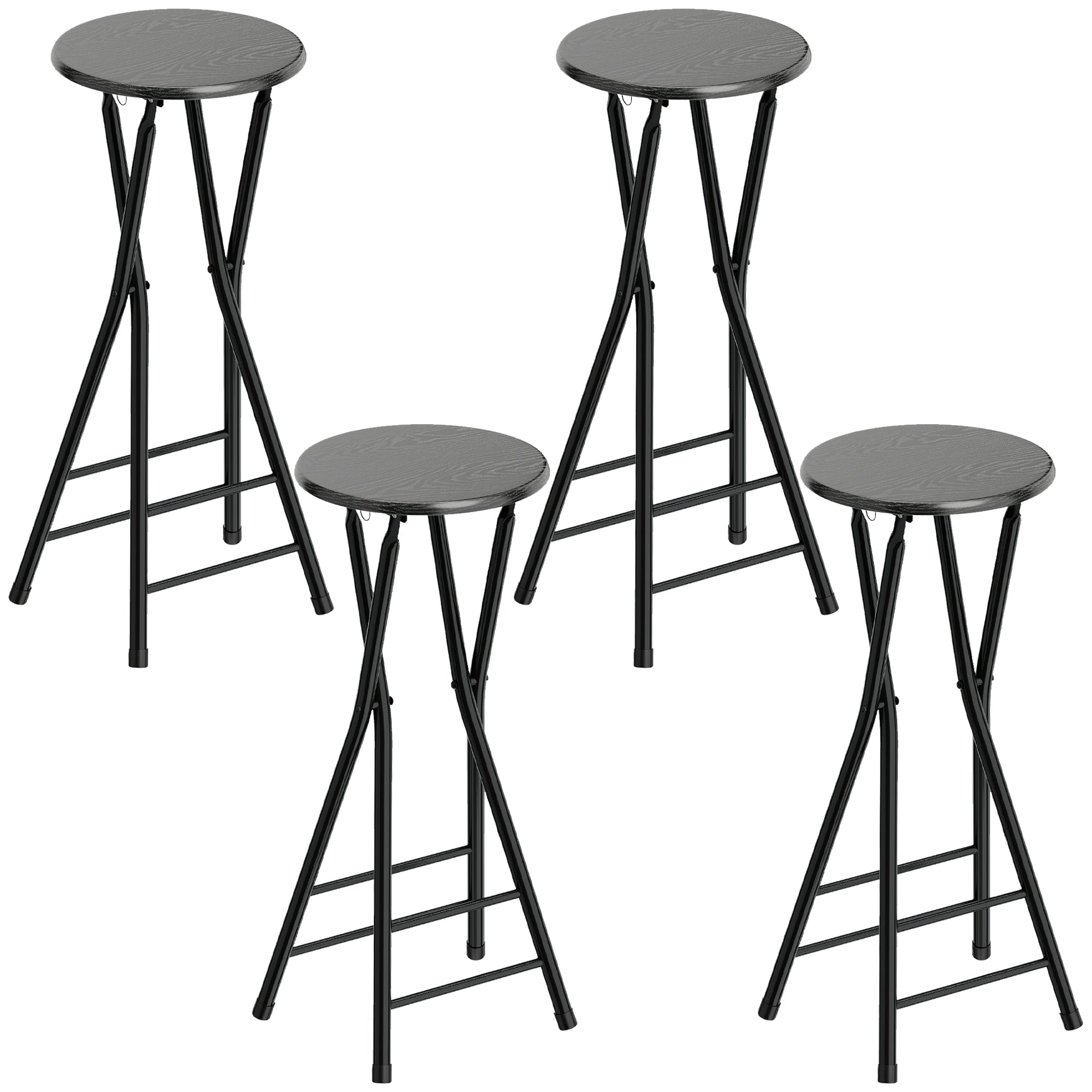 HOMCOM Set of 4 Folding Bar Stools with Double Footrest, Wood and Steel, 34x30x70 cm, Black