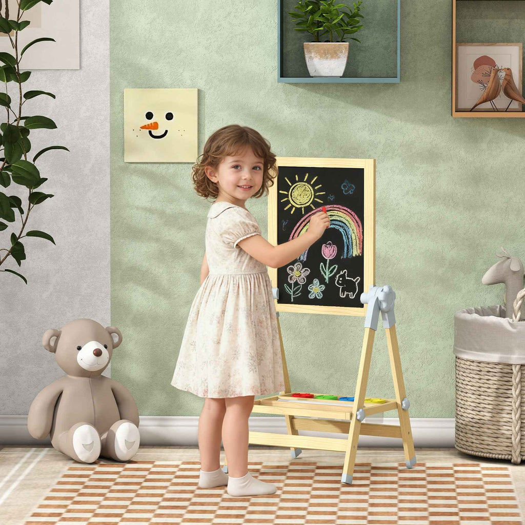 AIYAPLAY Children's Easel with Double Board for Chalk and Markers, Magnetic Whiteboard and Paper Roll, Wood