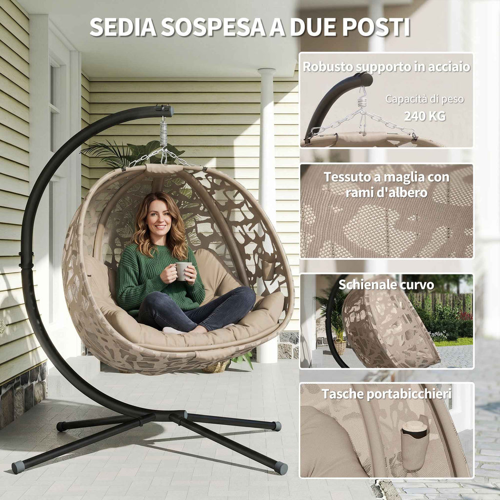 Outsunny 2-Seater Hanging Chair with 2 Pockets, 2 Cushions and Folding Basket, 126x126x176 cm